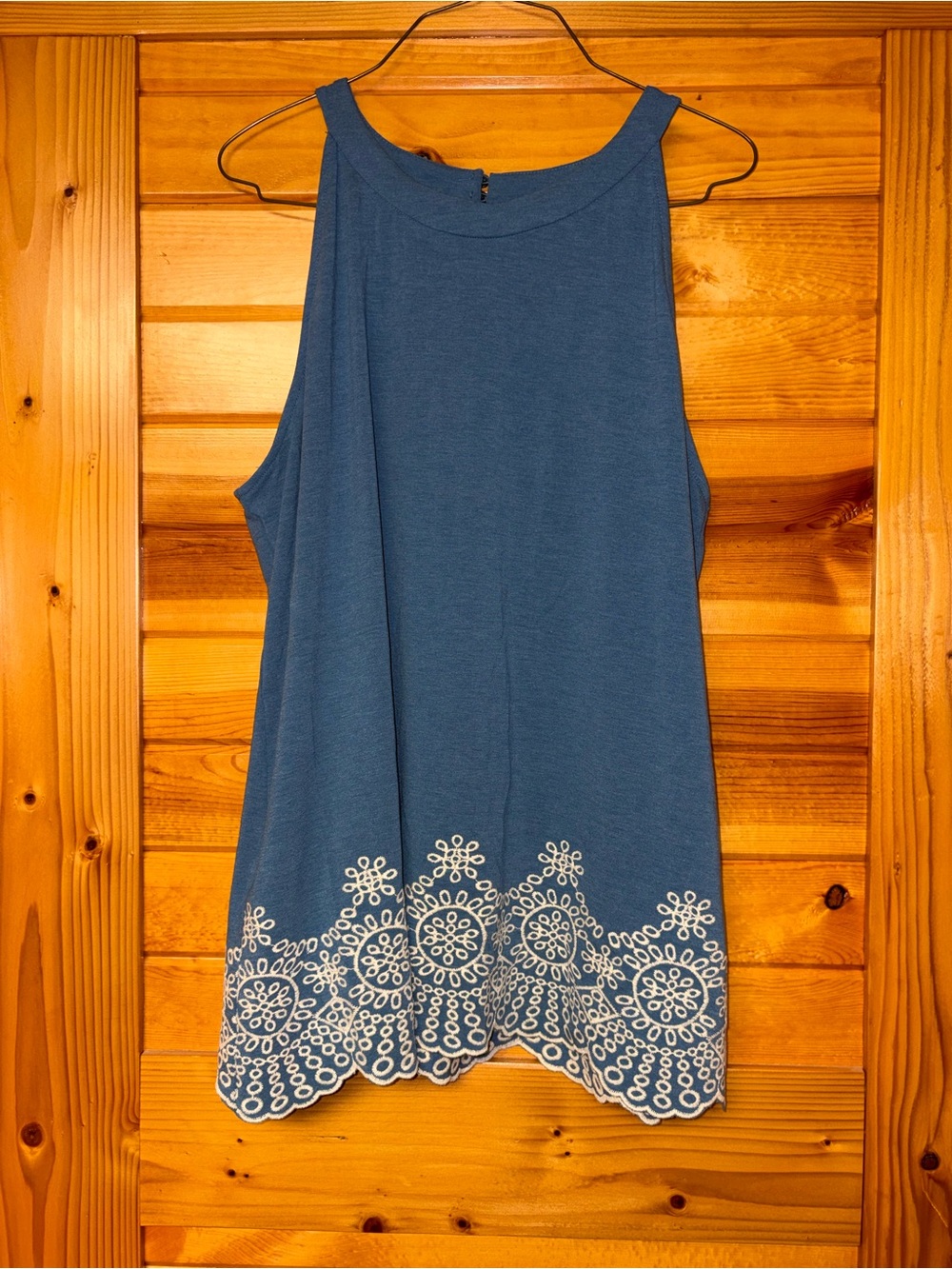 Adrianna Papell Blue Embroidered Hem Sleeveless Tank